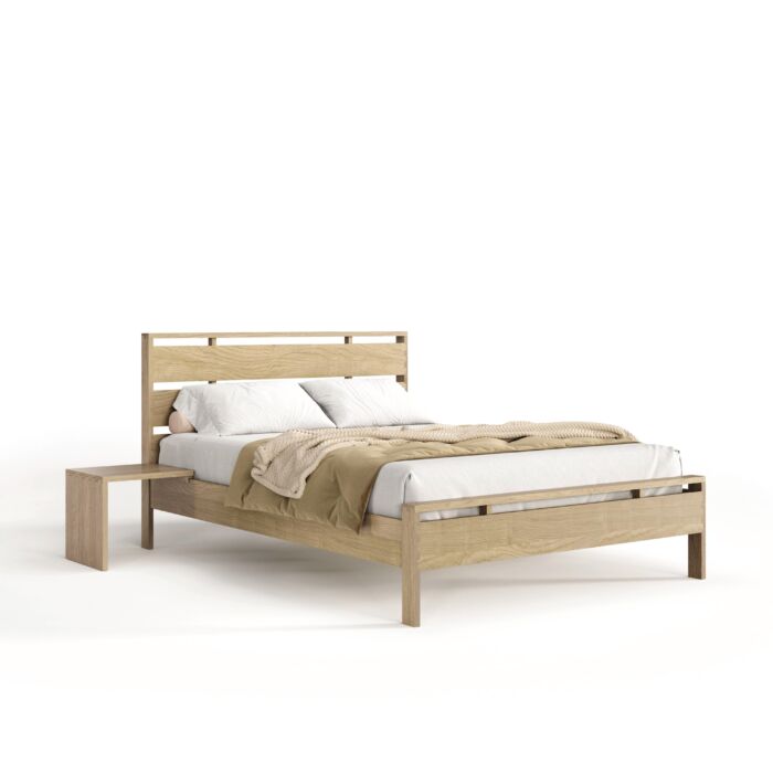 Oslo Bed with Night Shelf Side View in Bright Oak Finish