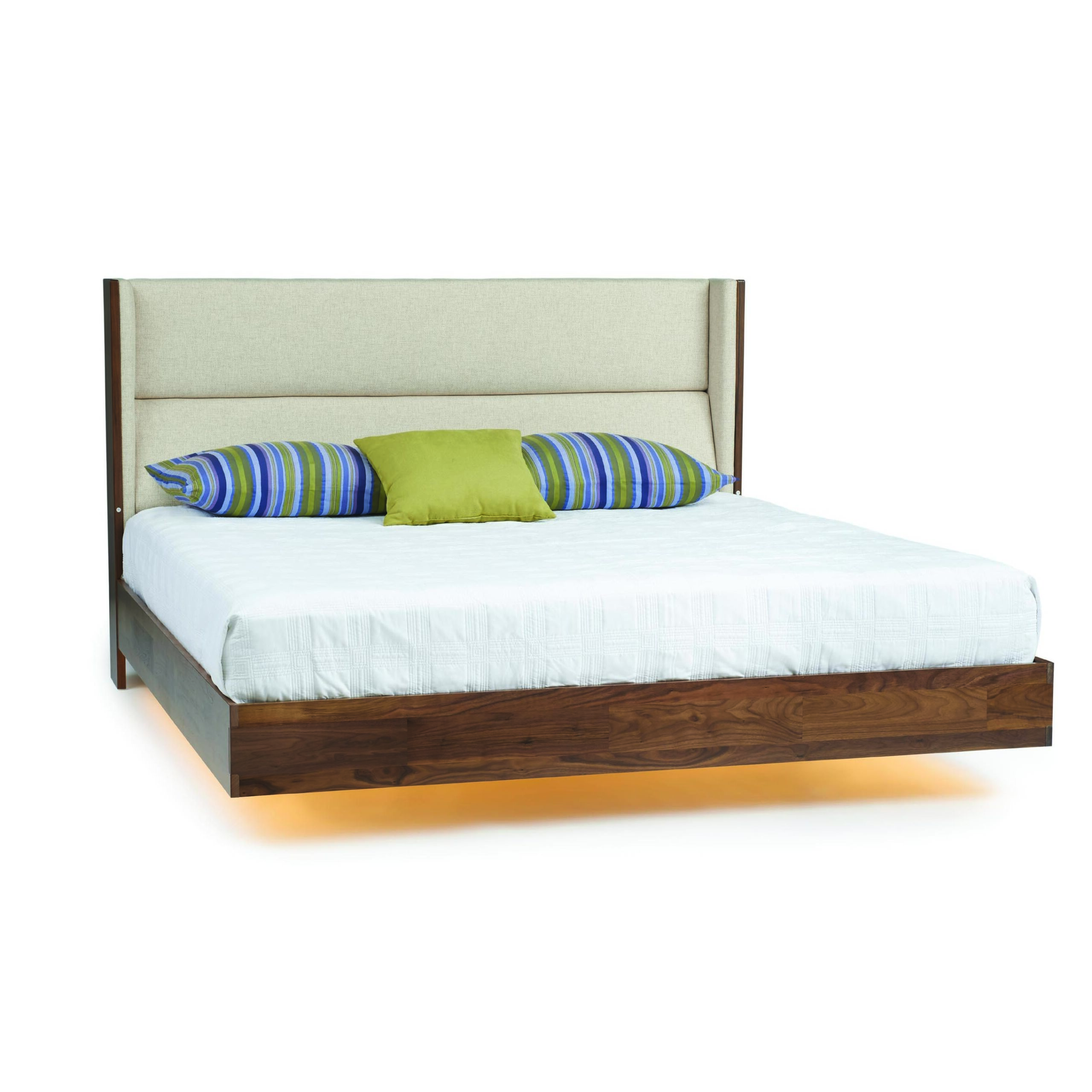 Sloane Queen Platform Bed in Walnut with Hemp Fabric and under bed lighting